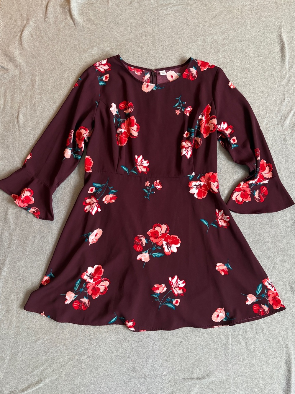 Old Navy Maroon Burgundy Floral Dress with Bell Sleeves